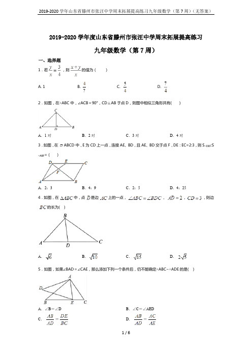 2019-2020学年山东省滕州市张汪中学周末拓展提高练习九年级数学(第7周)(无答案)