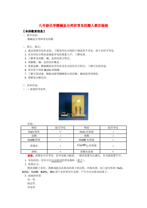 九年级化学酸碱盐分类和常见的酸人教实验版知识精讲[1]