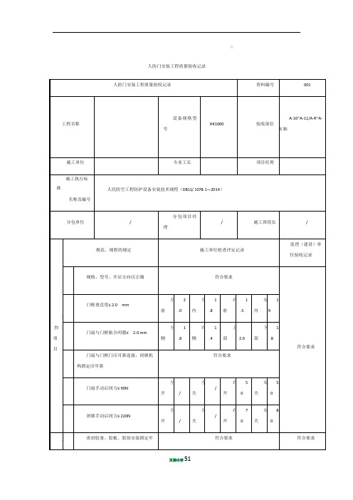 人防门安装工程质量验收记录