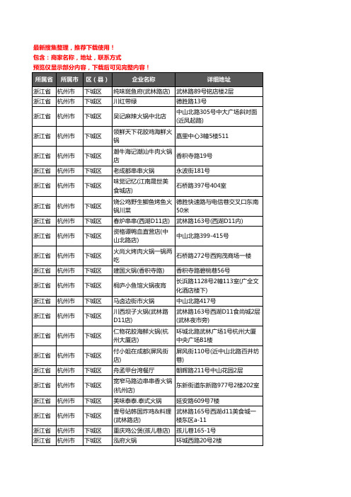 新版浙江省杭州市下城区火锅店企业公司商家户名录单联系方式地址大全171家