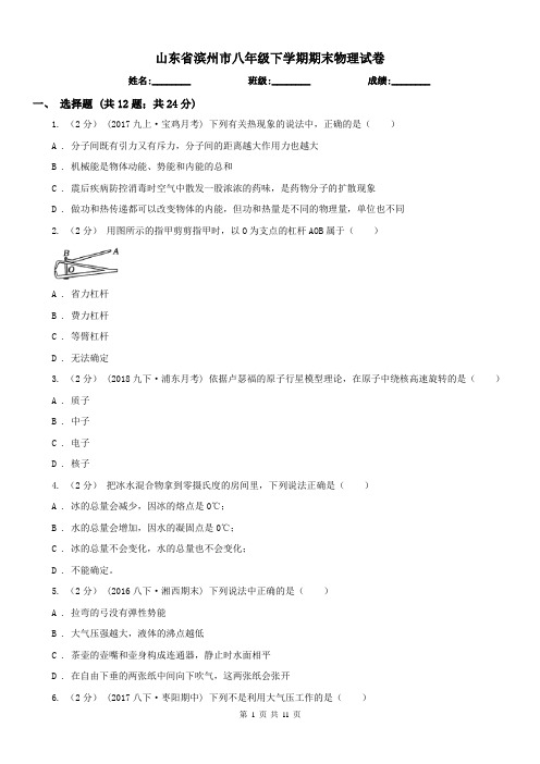 山东省滨州市八年级下学期期末物理试卷 