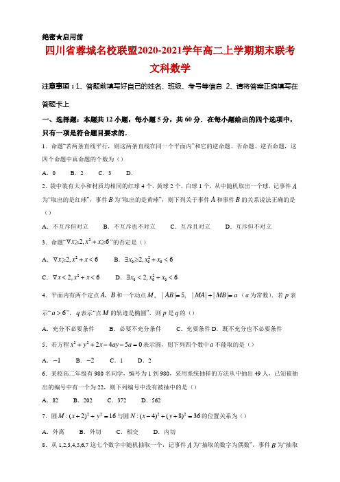 2020-2021学年四川省蓉城名校联盟高二上学期期末联考文科数学试题及答案