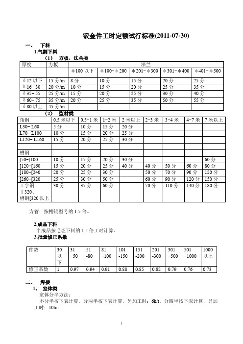 焊工工时定额标准