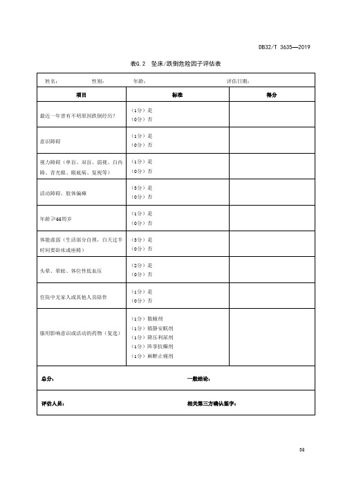 老年人坠床 跌倒危险因子评估表