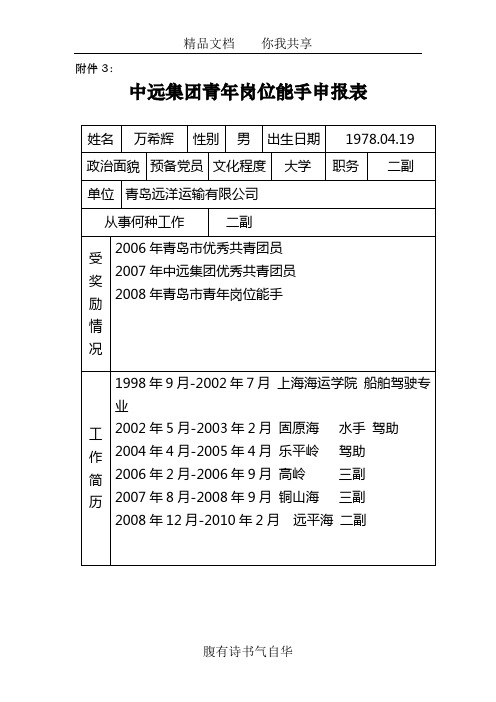 中远集团青年岗位能手申报表