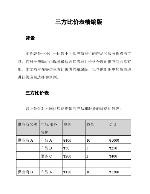 三方比价表精编版