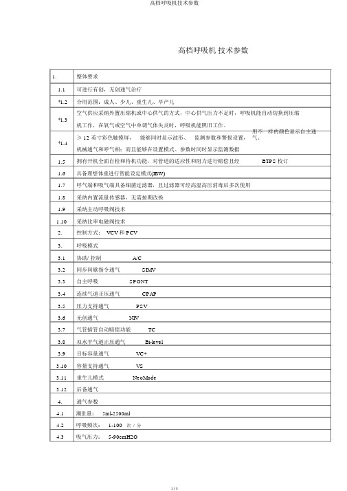 高档呼吸机技术参数