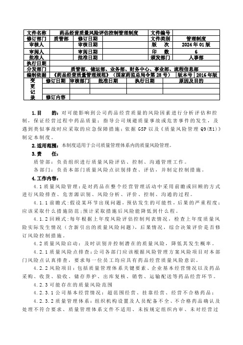 药品经营质量风险评估控制管理制度