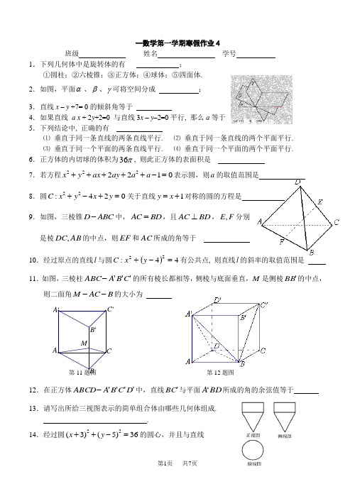 高一数学第一学期寒假作业4