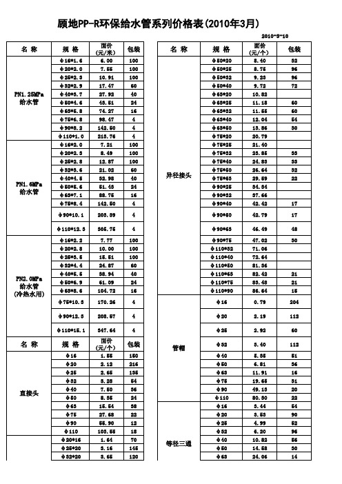 PPR给水价格表2010