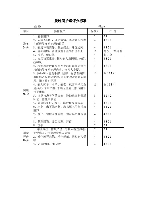 晨晚间护理评分标准文档