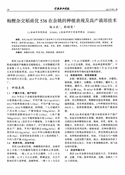 籼粳杂交稻甬优538在余姚的种植表现及高产栽培技术