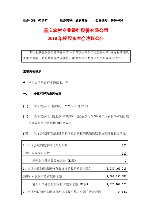 渝农商行：2019年度股东大会决议公告