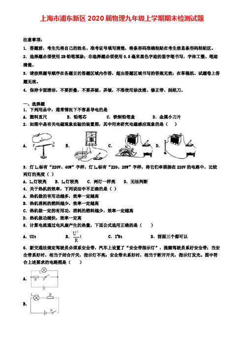 上海市浦东新区2020届物理九年级上学期期末检测试题