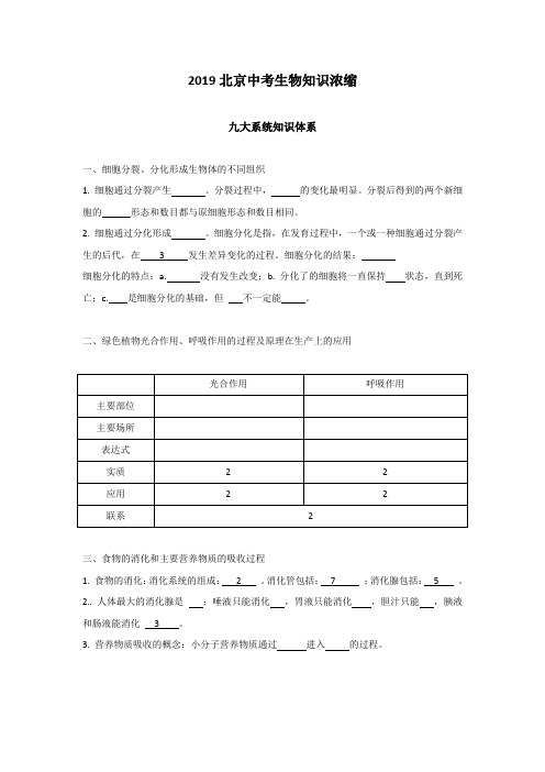 2019北京中考生物知识浓缩