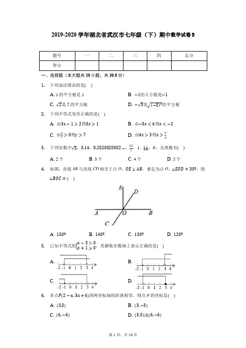 湖北省武汉市2019-2020学年七年级下学期期中数学试卷B 