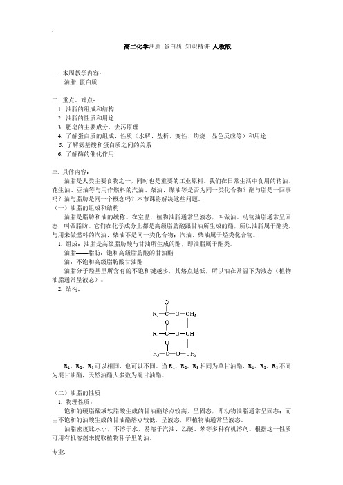 高二化学油脂 蛋白质 知识精讲 人教版