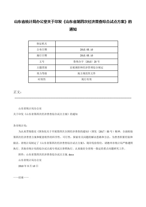 山东省统计局办公室关于印发《山东省第四次经济普查综合试点方案》的通知-鲁统办字〔2018〕20号