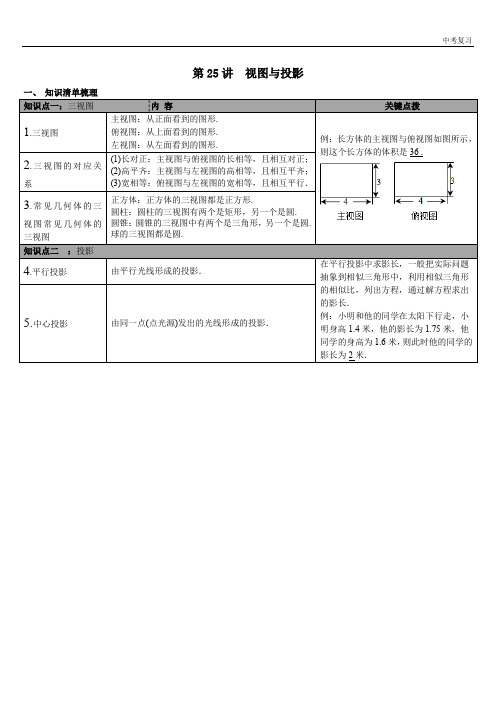 2020年春冀教版九年级数学下册中考知识点梳理第25讲 视图与投影