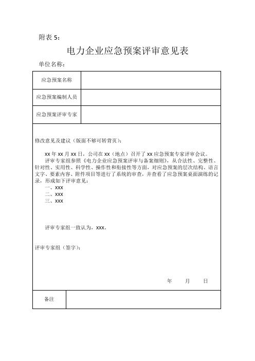 附表5：电力企业应急预案评审意见表