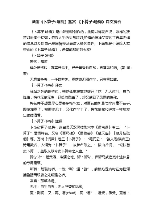 陆游《卜算子·咏梅》鉴赏《卜算子·咏梅》译文赏析