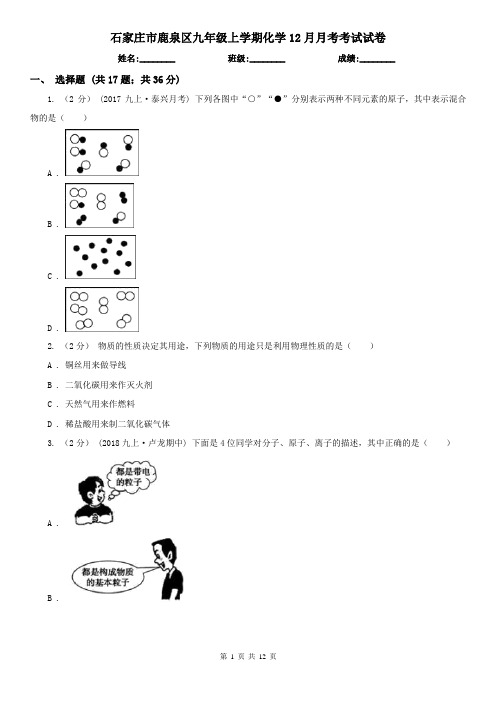 石家庄市鹿泉区九年级上学期化学12月月考考试试卷