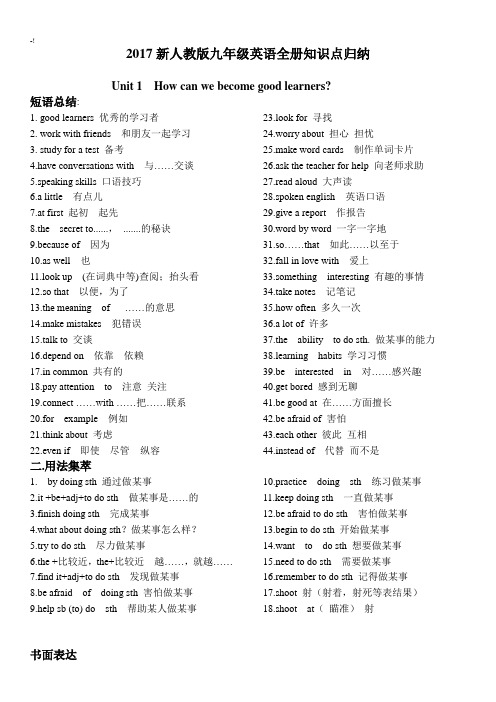 2017年度人教出版九年级英语全册考点归纳