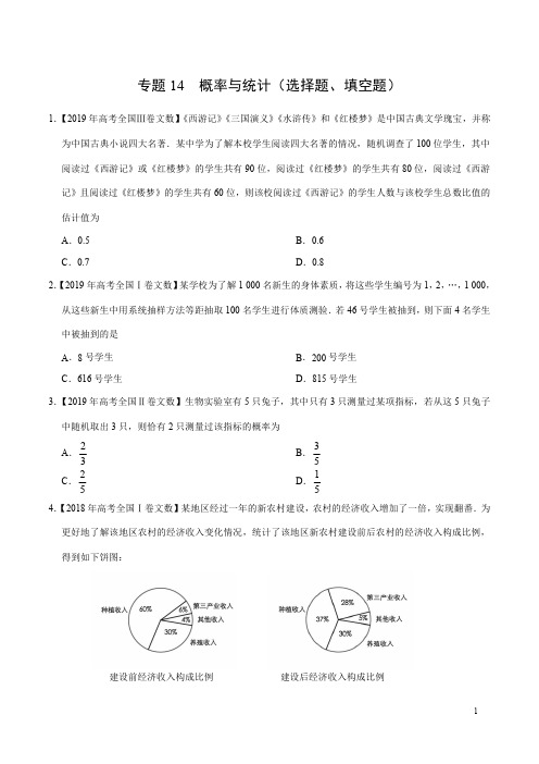 2021高考数学(文)真题分项汇编专题《14 概率与统计(选择题、填空题)》含近年高考真题(原卷版)