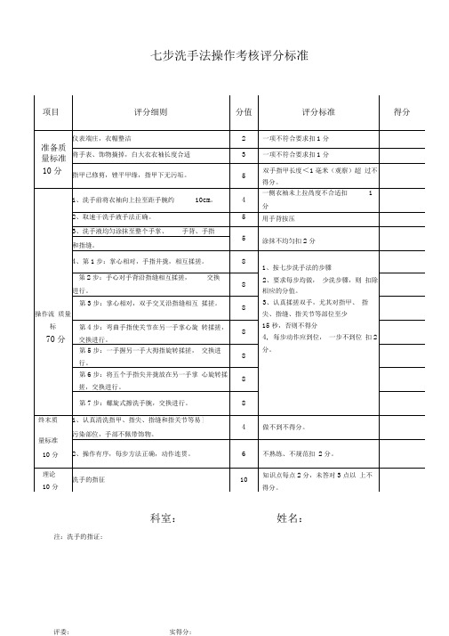 七步洗手法操作考核评分标准