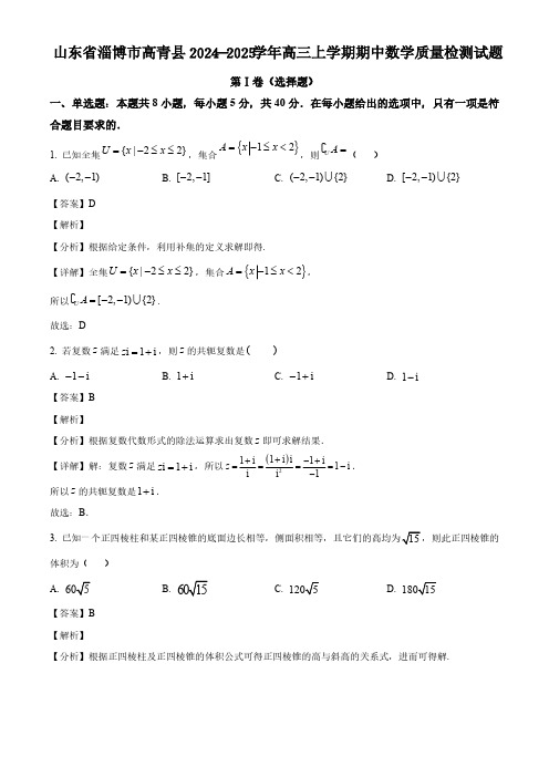 山东省淄博市高青县2024-2025学年高三上学期期中数学质量检测试题(含解析)