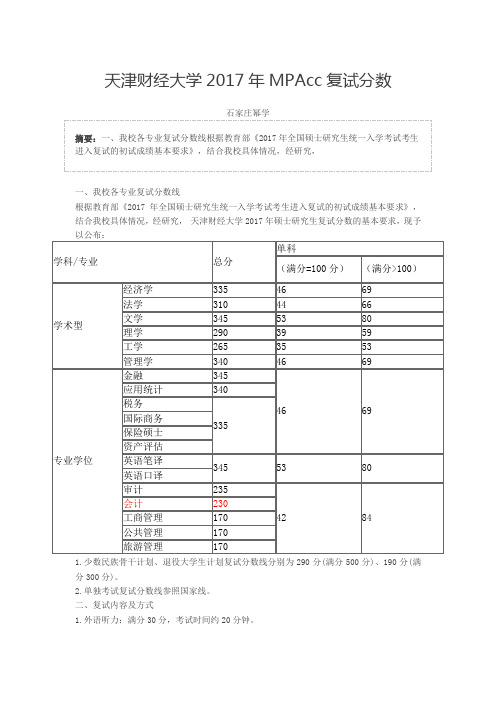 天津财经大学2017年MPAcc复试分数