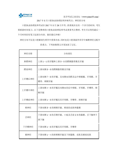 2017年8月口腔执业助理医师冲刺考点：神经的分布