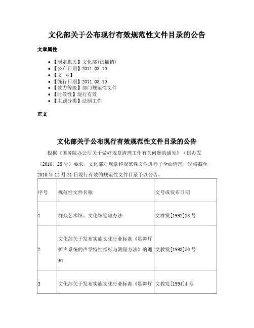 文化部关于公布现行有效规范性文件目录的公告