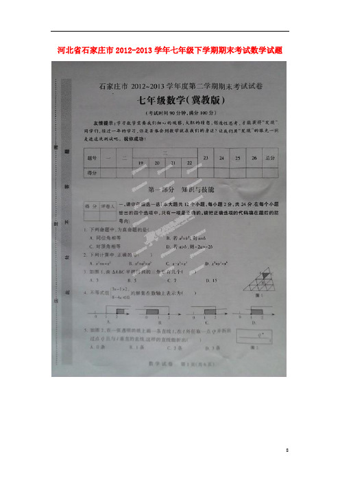 河北省石家庄市2012-2013学年七年级数学下学期期末考试试题(扫描版) 冀教版.doc