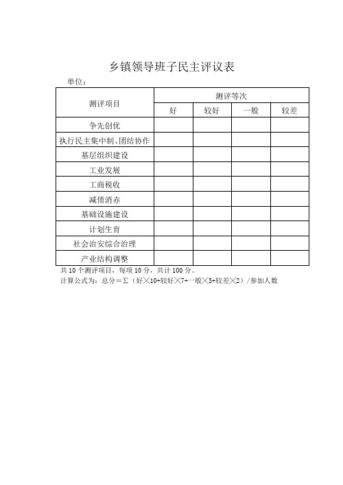 乡镇领导班子民主评议表