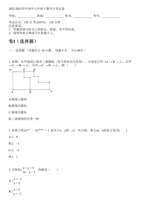 2022-2023学年新人教版七年级下数学月考试卷(含解析)