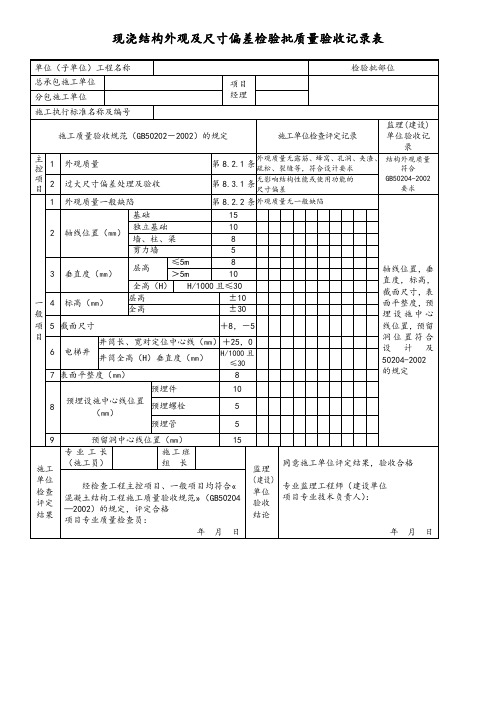 现浇结构外观及尺寸偏差检验批质量验收记录表