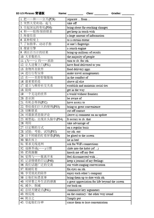 译林版高中英语必修三Unit3 Phrases 背诵版(雅礼版)