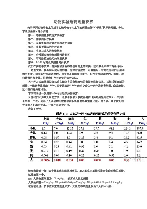 动物实验给药剂量换算