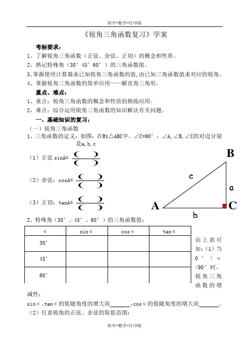 湘教版-数学-九年级上册-第四章 锐角三角函数 复习教案