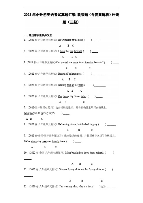 2023年小升初英语考试真题汇编 改错题(含答案解析)外研版(三起)