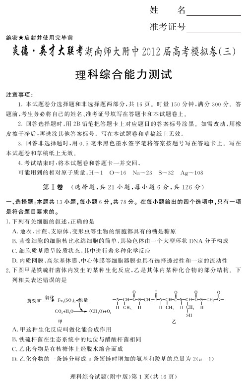 湖南省大联考2012师大附中高三10次月考理综试卷