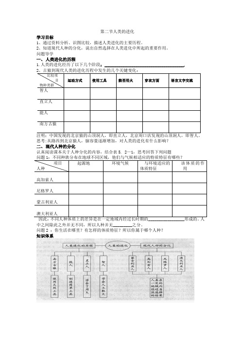 济南版八年级下册生物第5单元第2章第2节  人类的进化  学案设计(无答案)