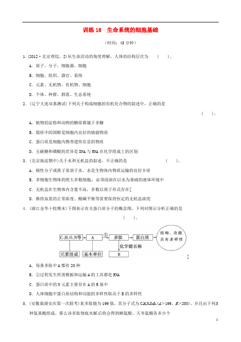 2013年高考生物二轮复习专练 专题16 生命系统的细胞基础 新人教版