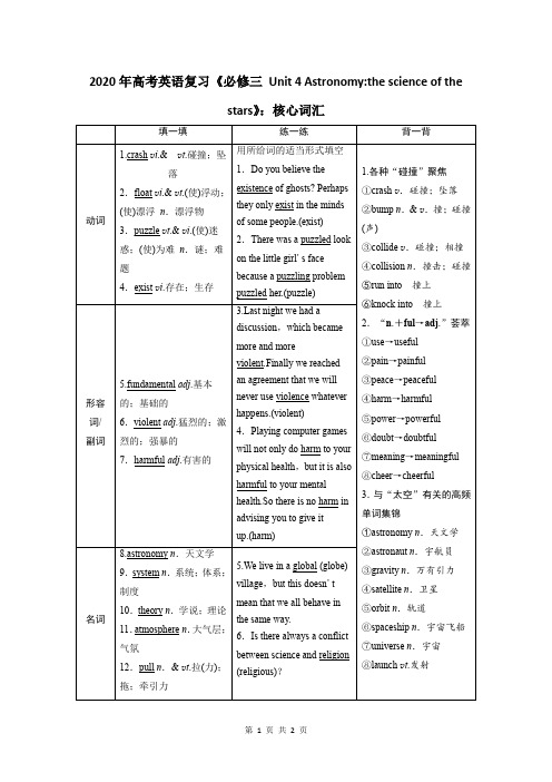 2020年高考英语复习《必修三 Unit 4 Astronomythe science of the stars》：核心词汇