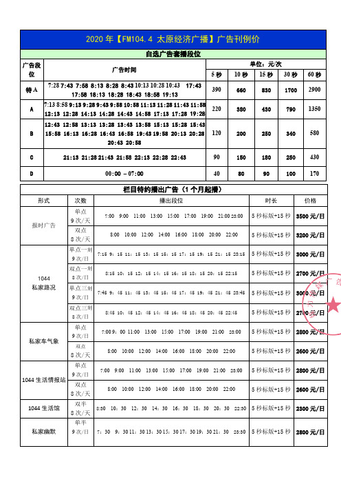 FM104.4太原广播电台经济广播2020年广告刊例价—媒力·传媒