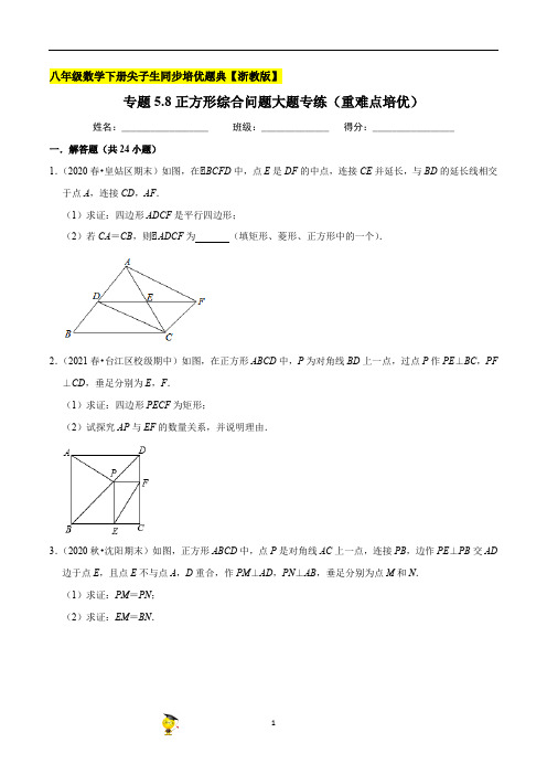 专题正方形综合问题大题专练八年级数学下册尖子生同步培优题典原卷版浙教版