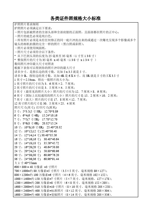 各类证件照规格大小标准