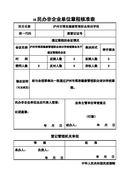 民办非企业单位章程核准表