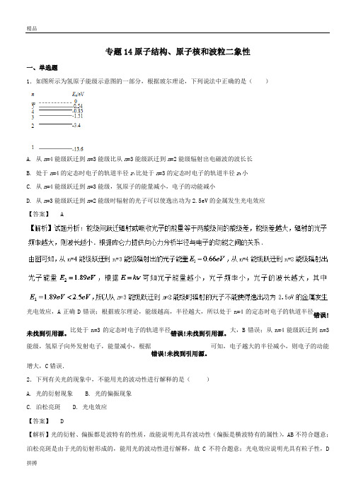 备战2018年高考物理全国名校试题分类汇总 专题14 原子结构、原子核和波粒二象性 Word版含解析